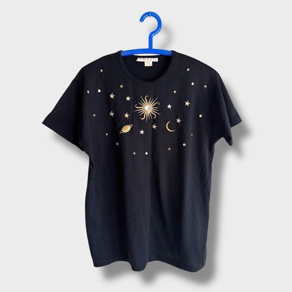 Black & Gold Vintage Celestial Tee - 1X - Venezia Embroidered Beaded Embellished - Picture 1 of 7
